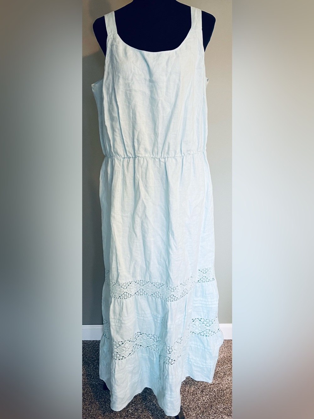 J. Jill Sky Blue Linen Crochet Lace Maxi Dress Womens Sz XL Cinch Waist boho